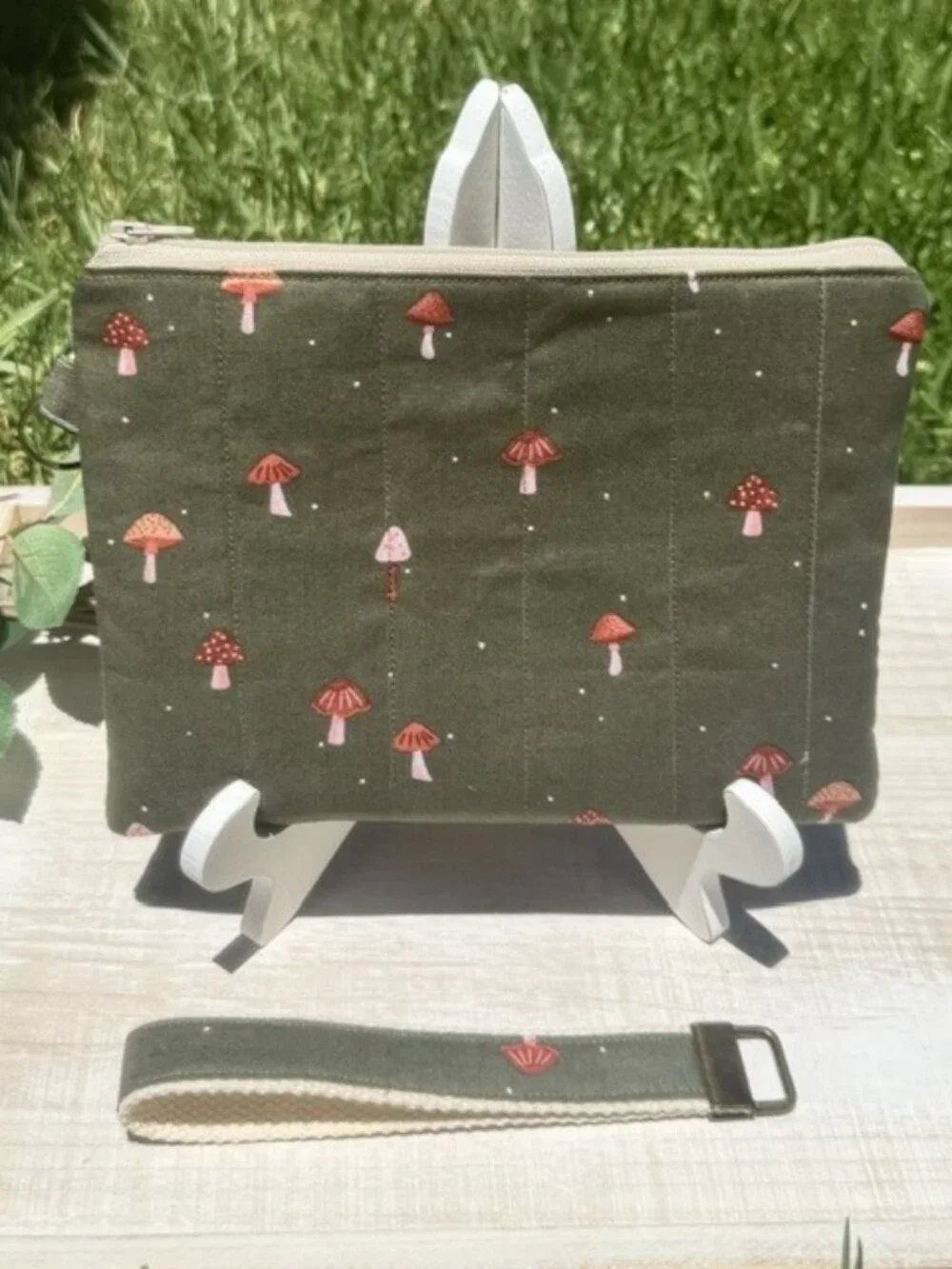 Handmade Quilted Mushroom Pouch, Cottagecore Cosmetic Bag, Woodland Travel Organ